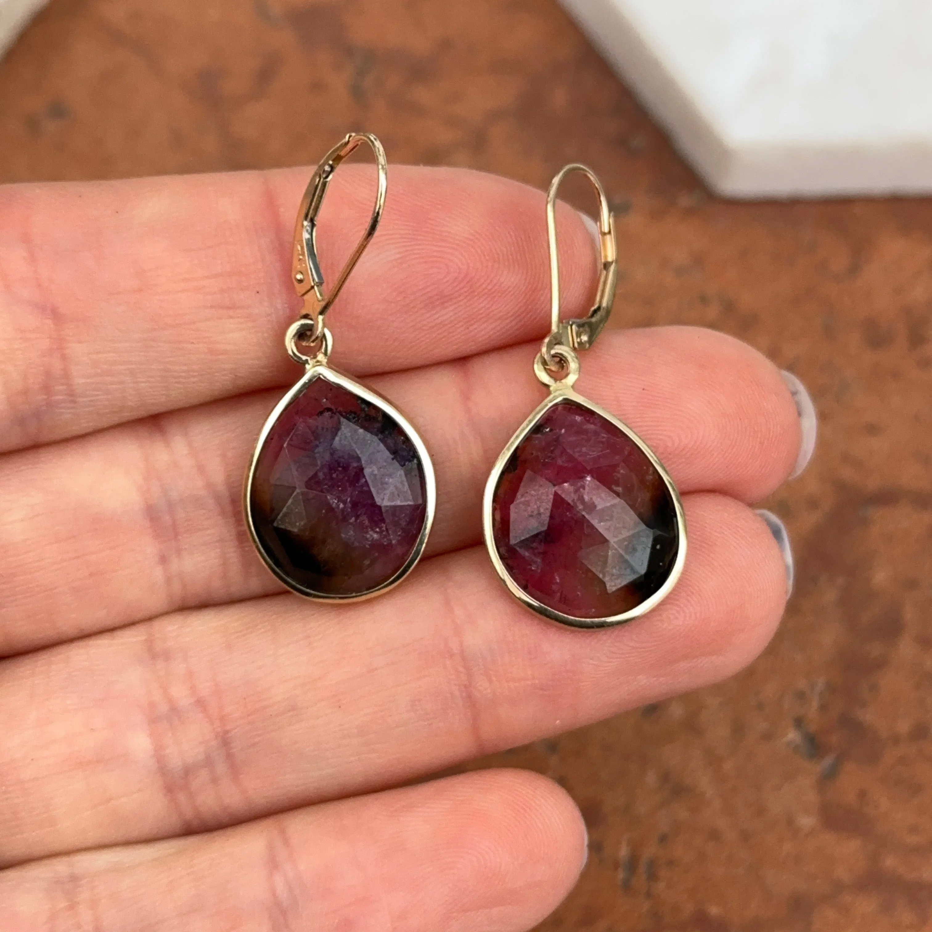 Vintage 14KT Yellow Gold Watermelon Pink Green Tourmaline Teardrop Leverback Drop Earrings