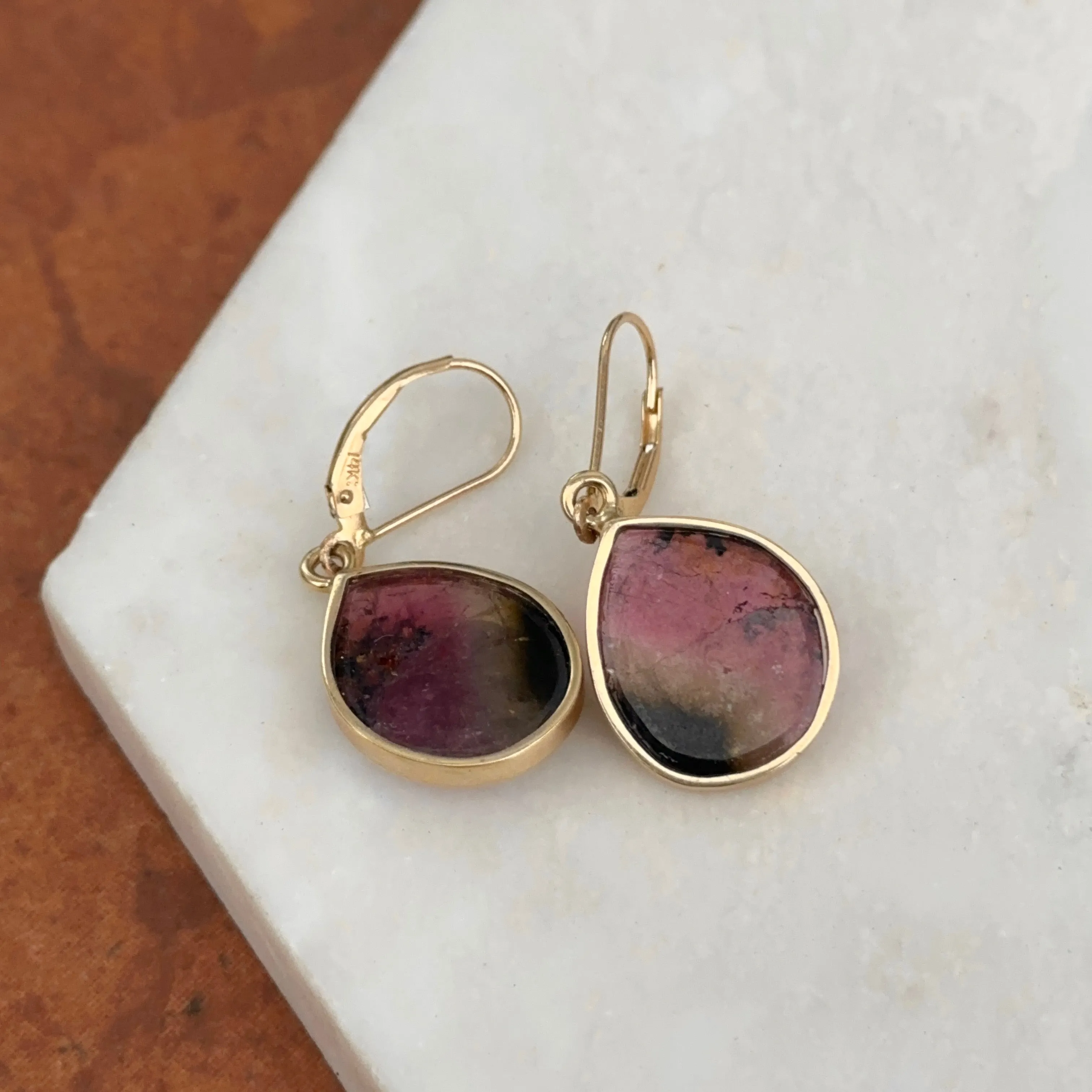 Vintage 14KT Yellow Gold Watermelon Pink Green Tourmaline Teardrop Leverback Drop Earrings