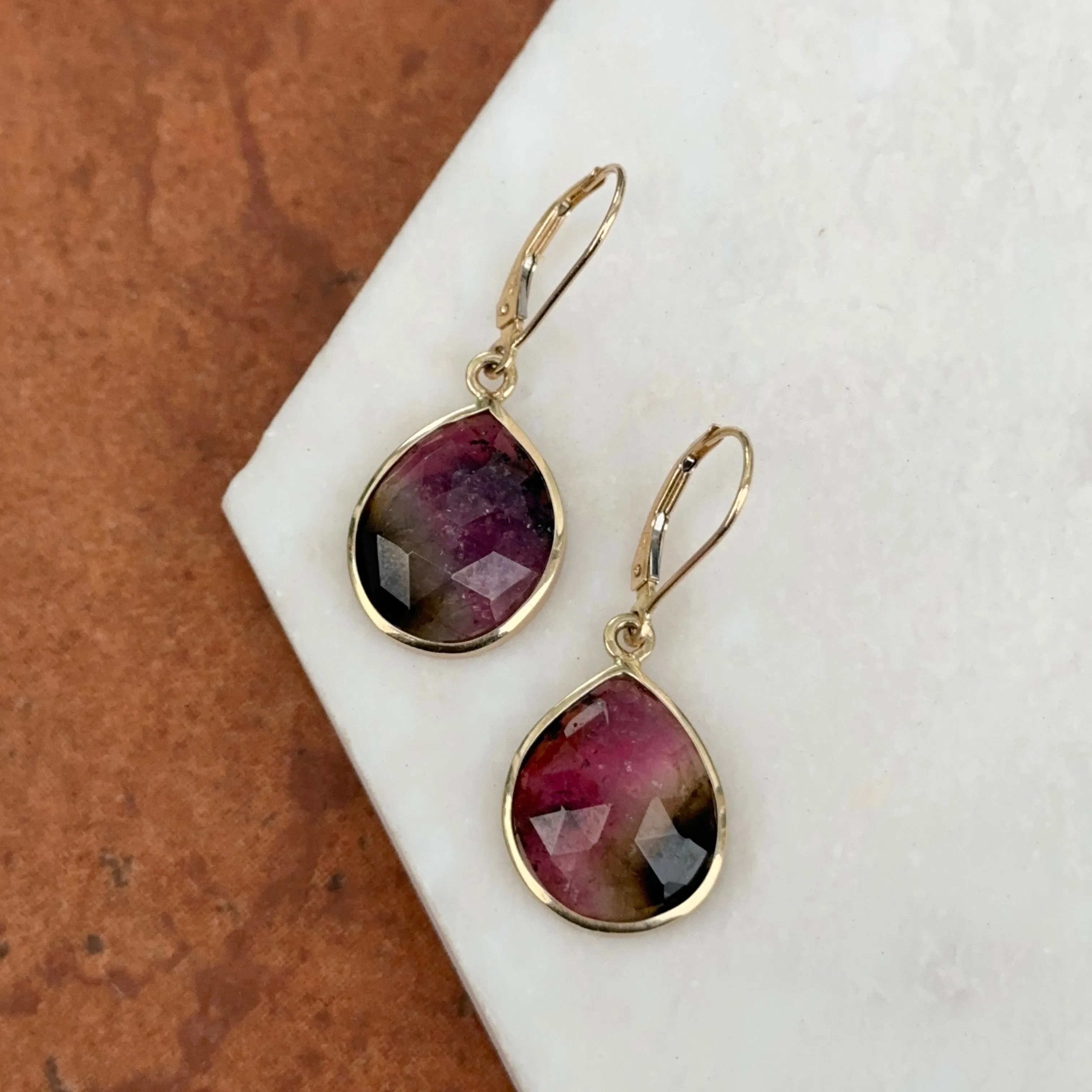 Vintage 14KT Yellow Gold Watermelon Pink Green Tourmaline Teardrop Leverback Drop Earrings