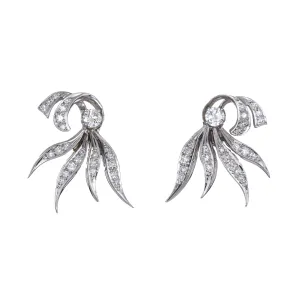 Vintage 50s Diamond Earrings 14k White Gold Estate Fine Jewelry Spray Design