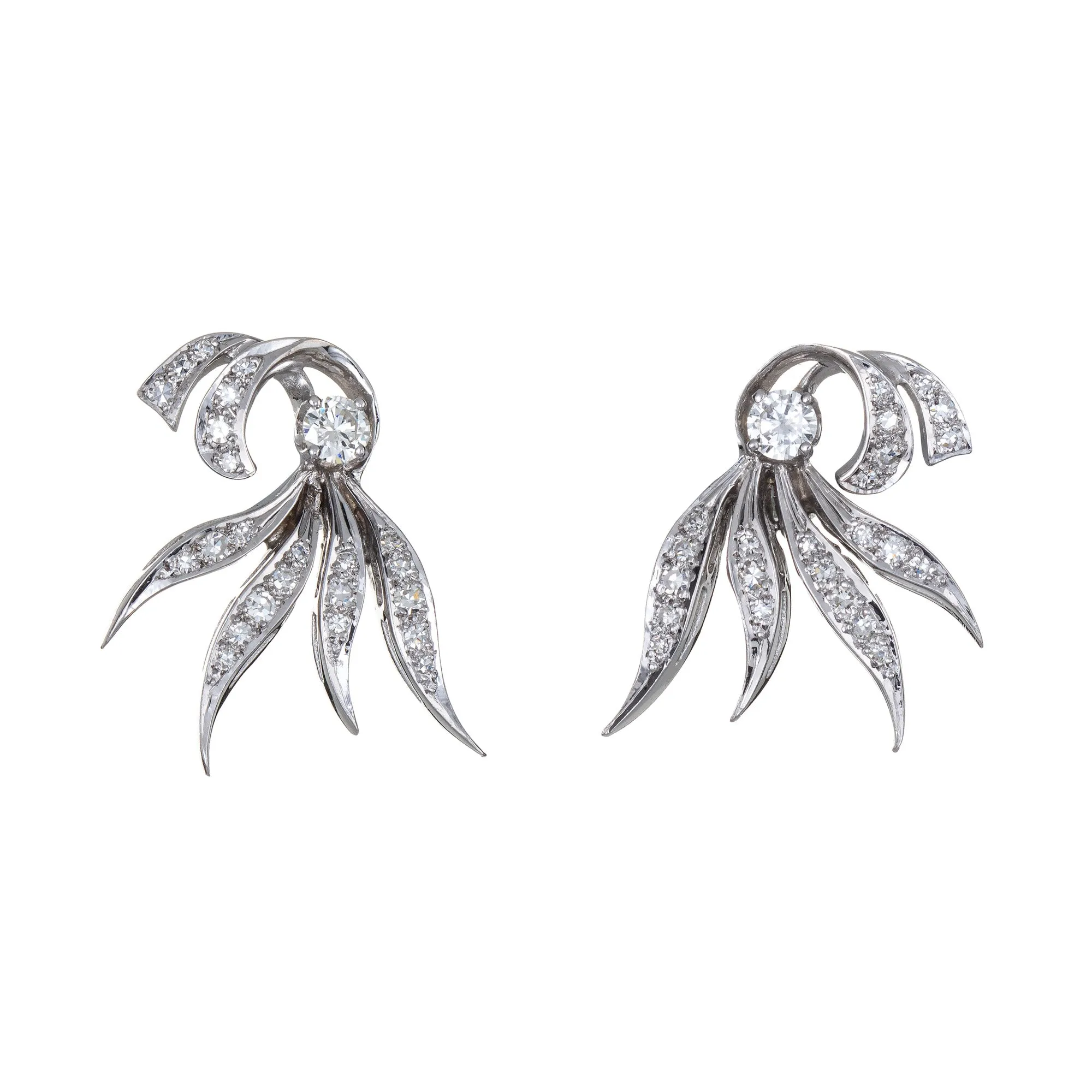 Vintage 50s Diamond Earrings 14k White Gold Estate Fine Jewelry Spray Design