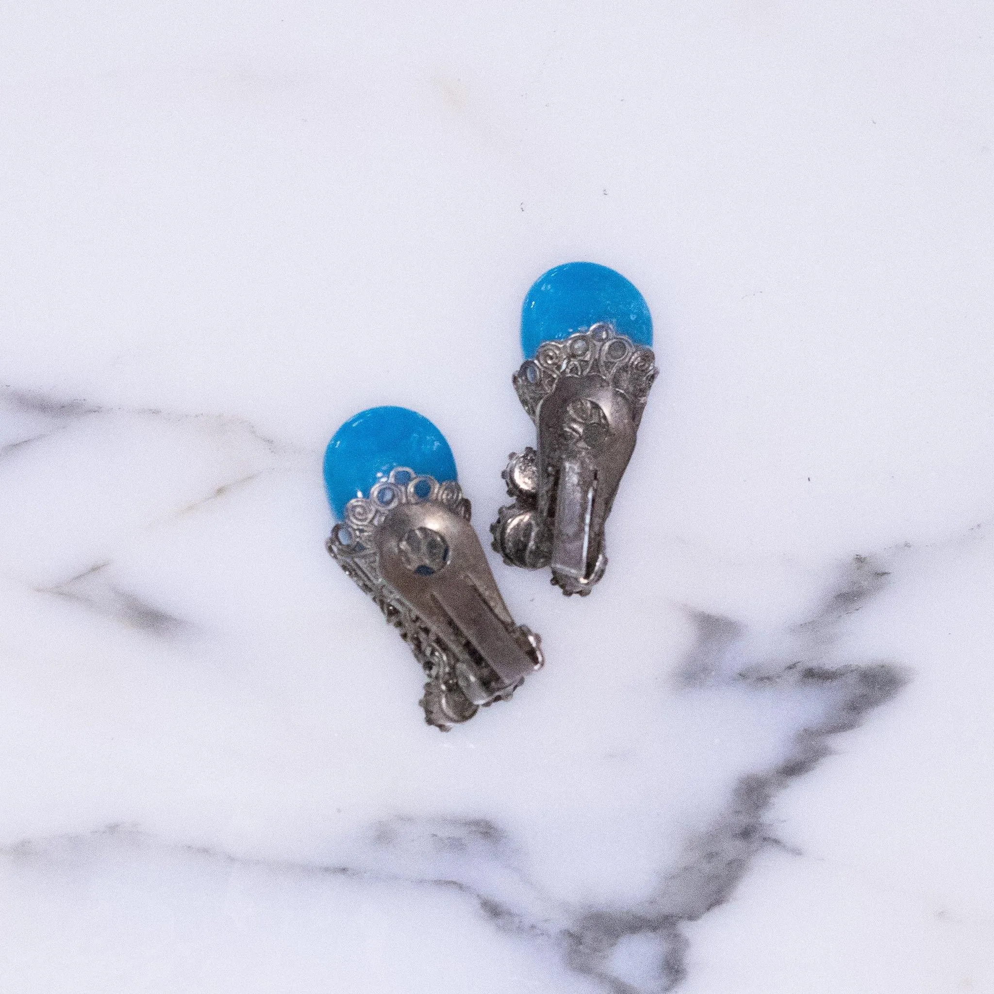 Vintage Blue Art Glass and Teal, Red, and Citrine Rhinestone Earrings