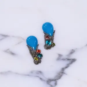 Vintage Blue Art Glass and Teal, Red, and Citrine Rhinestone Earrings