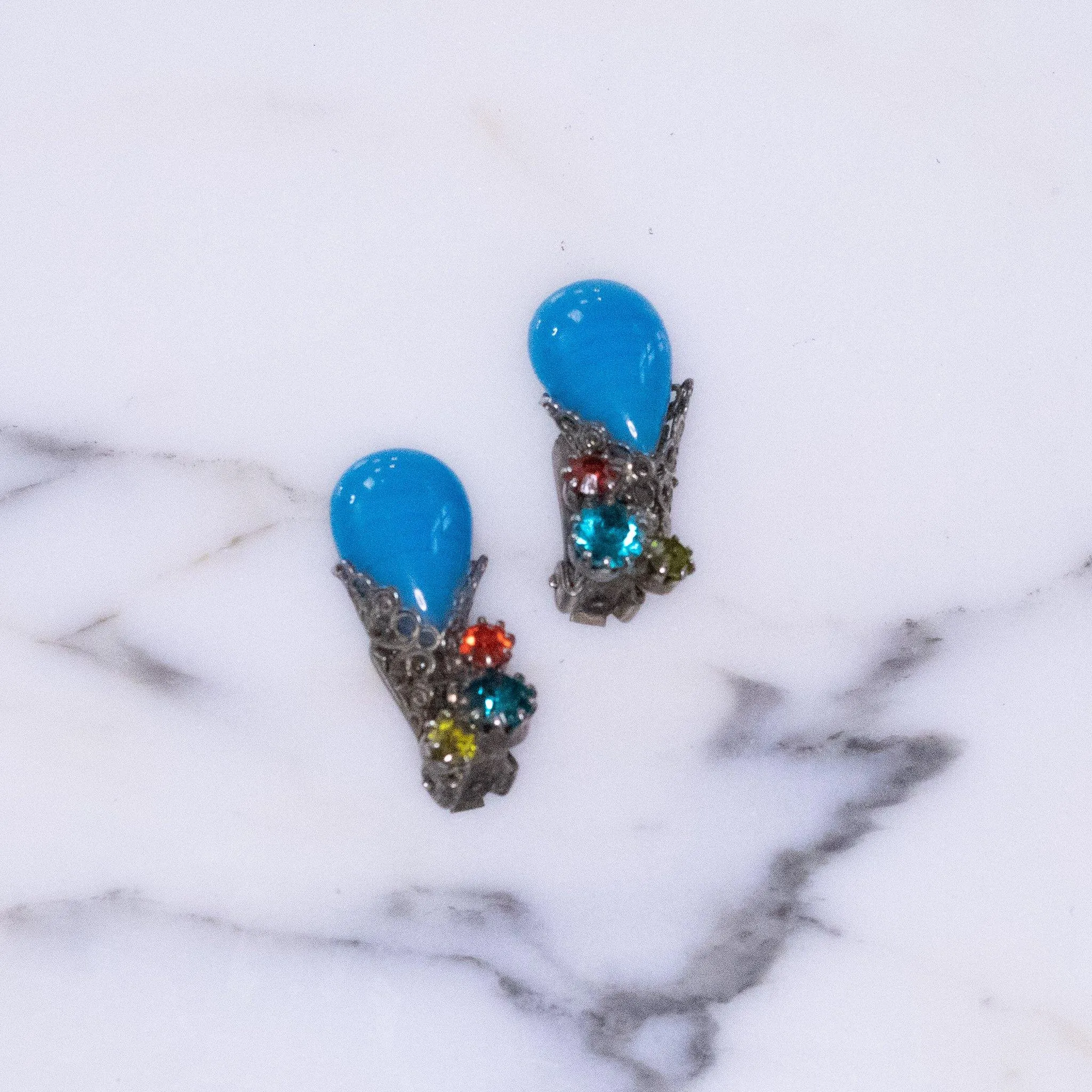 Vintage Blue Art Glass and Teal, Red, and Citrine Rhinestone Earrings