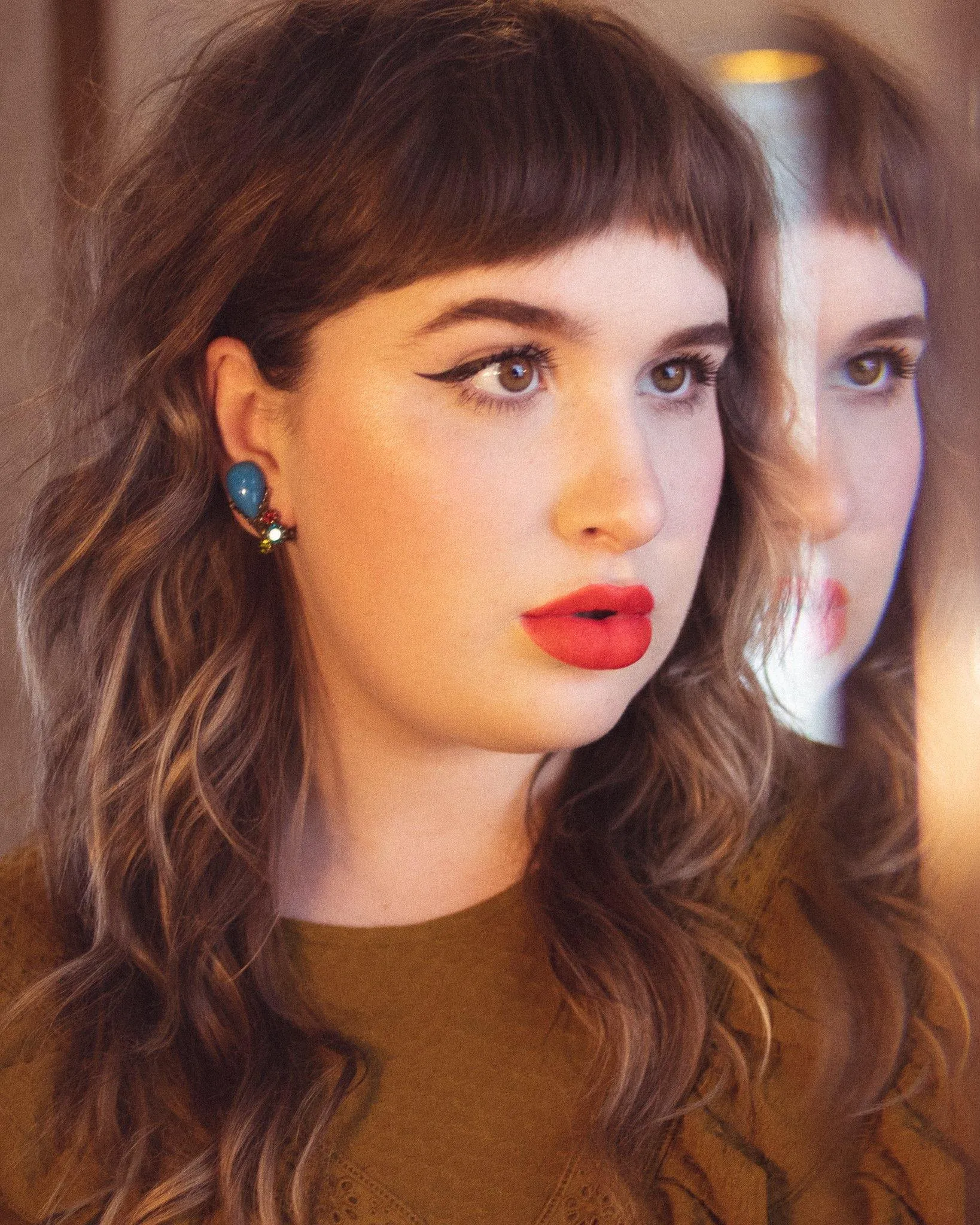 Vintage Blue Art Glass and Teal, Red, and Citrine Rhinestone Earrings