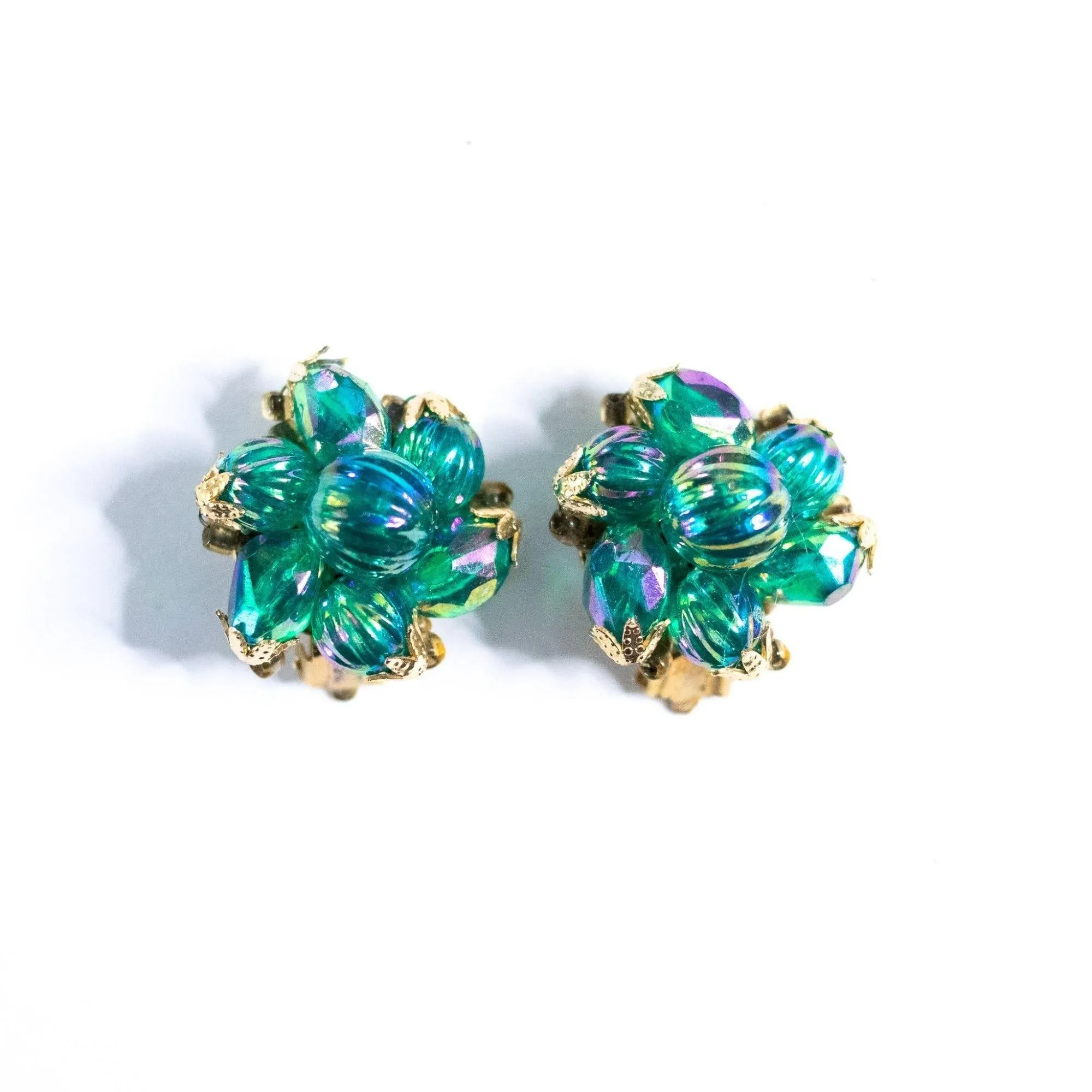 Vintage Blue Green Iridescent Beaded Cluster Earrings