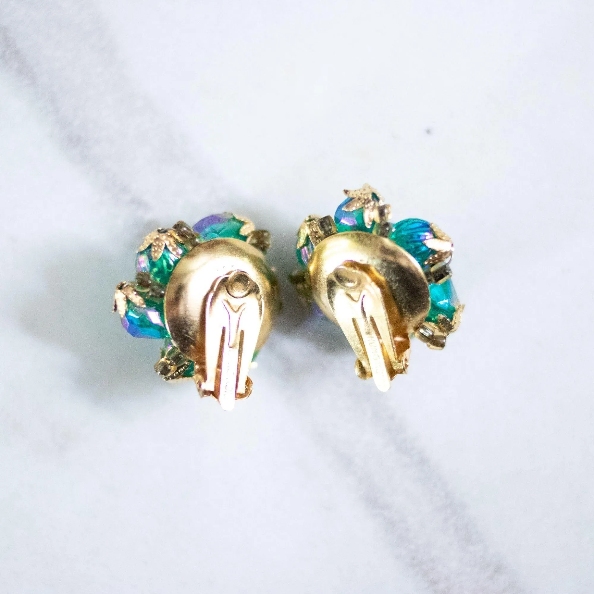 Vintage Blue Green Iridescent Beaded Cluster Earrings