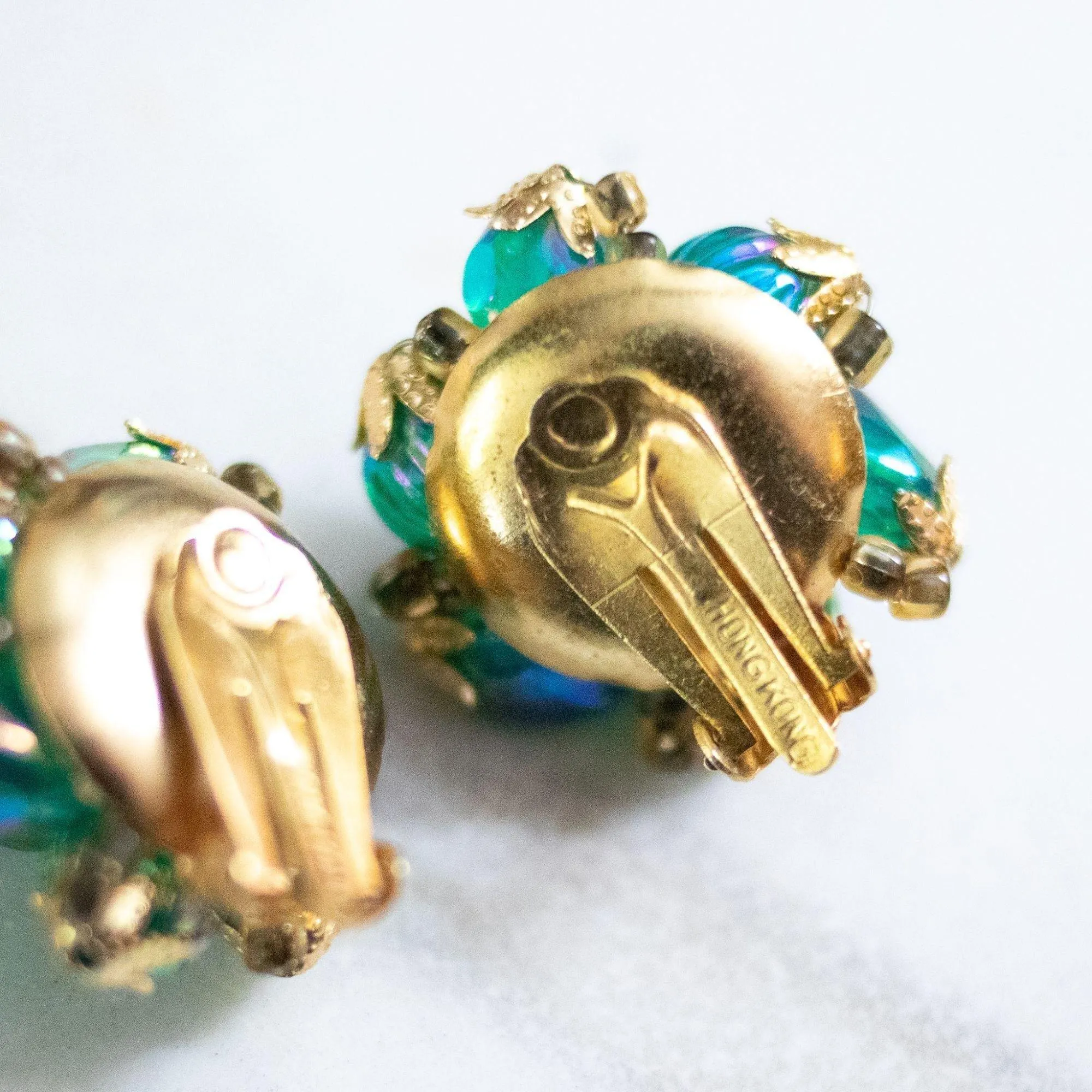 Vintage Blue Green Iridescent Beaded Cluster Earrings