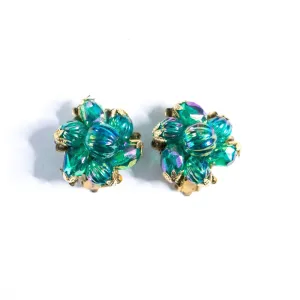 Vintage Blue Green Iridescent Beaded Cluster Earrings