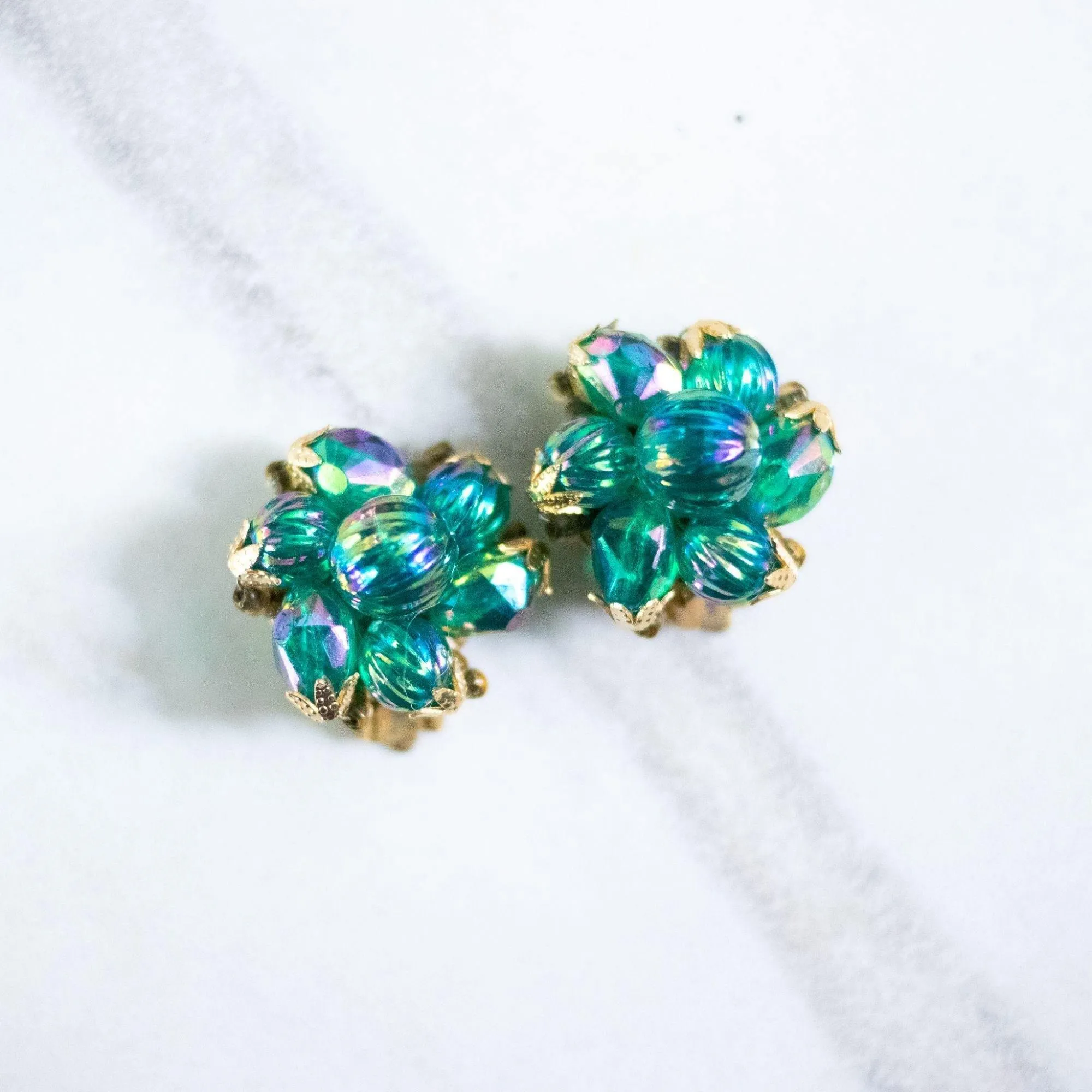 Vintage Blue Green Iridescent Beaded Cluster Earrings