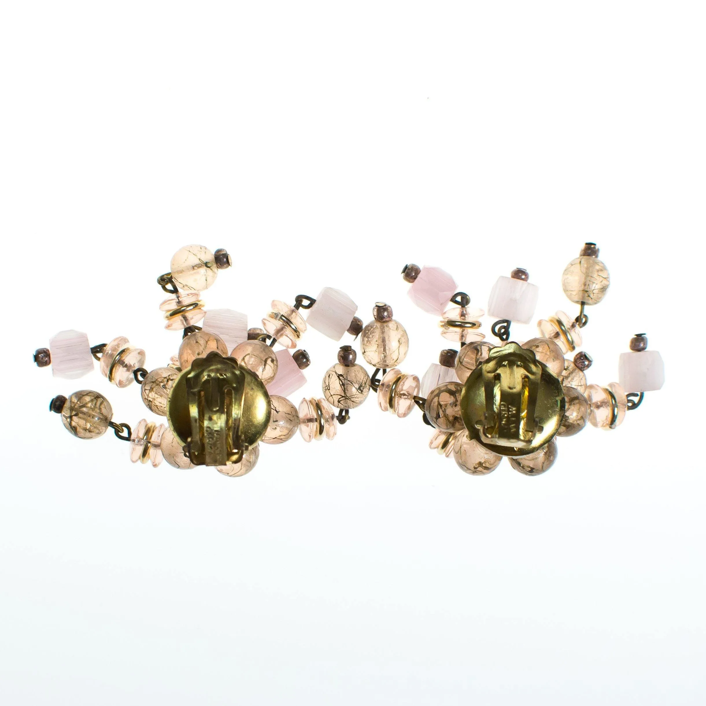 Vintage Blush Pink and Smoke Crystal Cha Cha Beaded Earrings, Clip On