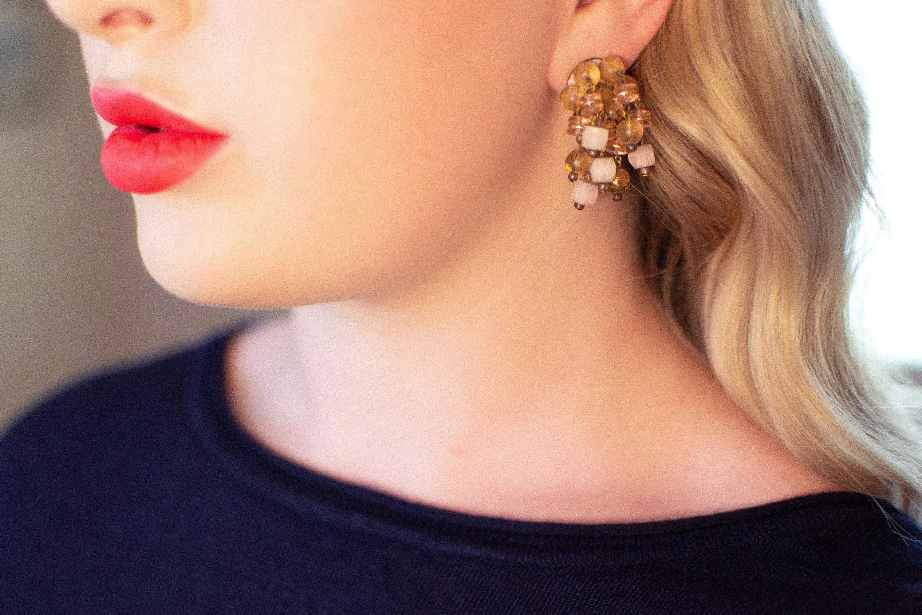 Vintage Blush Pink and Smoke Crystal Cha Cha Beaded Earrings, Clip On