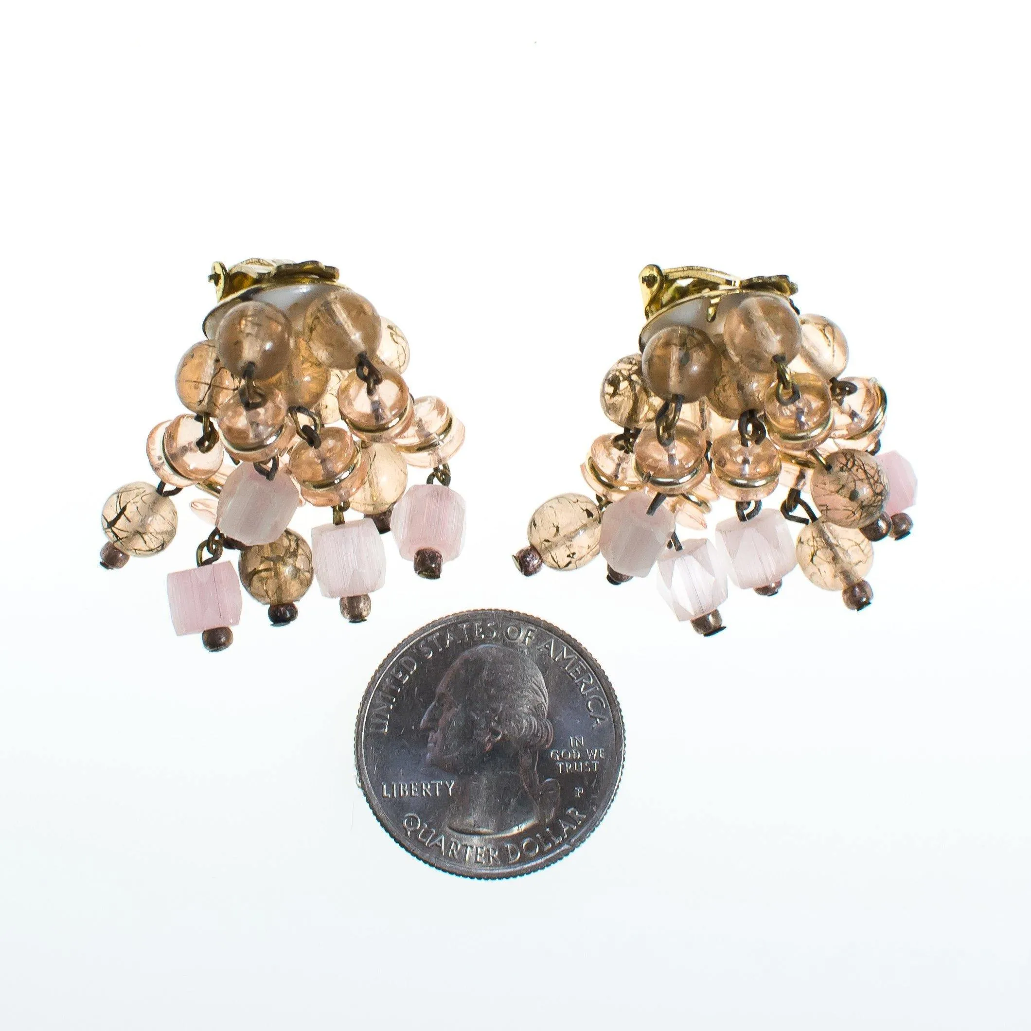 Vintage Blush Pink and Smoke Crystal Cha Cha Beaded Earrings, Clip On