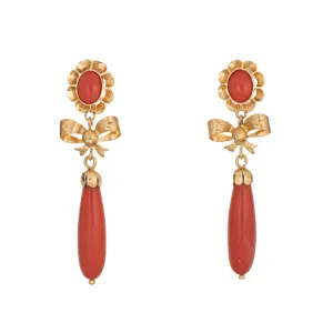Vintage Coral Earrings 18k Yellow Gold Salmon Bow Long 2" Drops Fine Jewelry