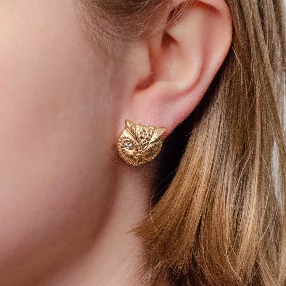 Vintage Diamond Owl Earrings of 14k Gold