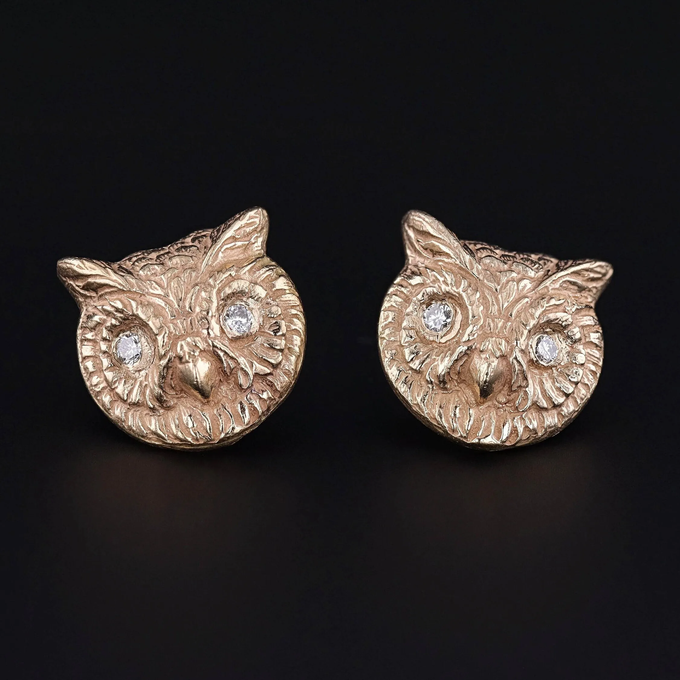 Vintage Diamond Owl Earrings of 14k Gold