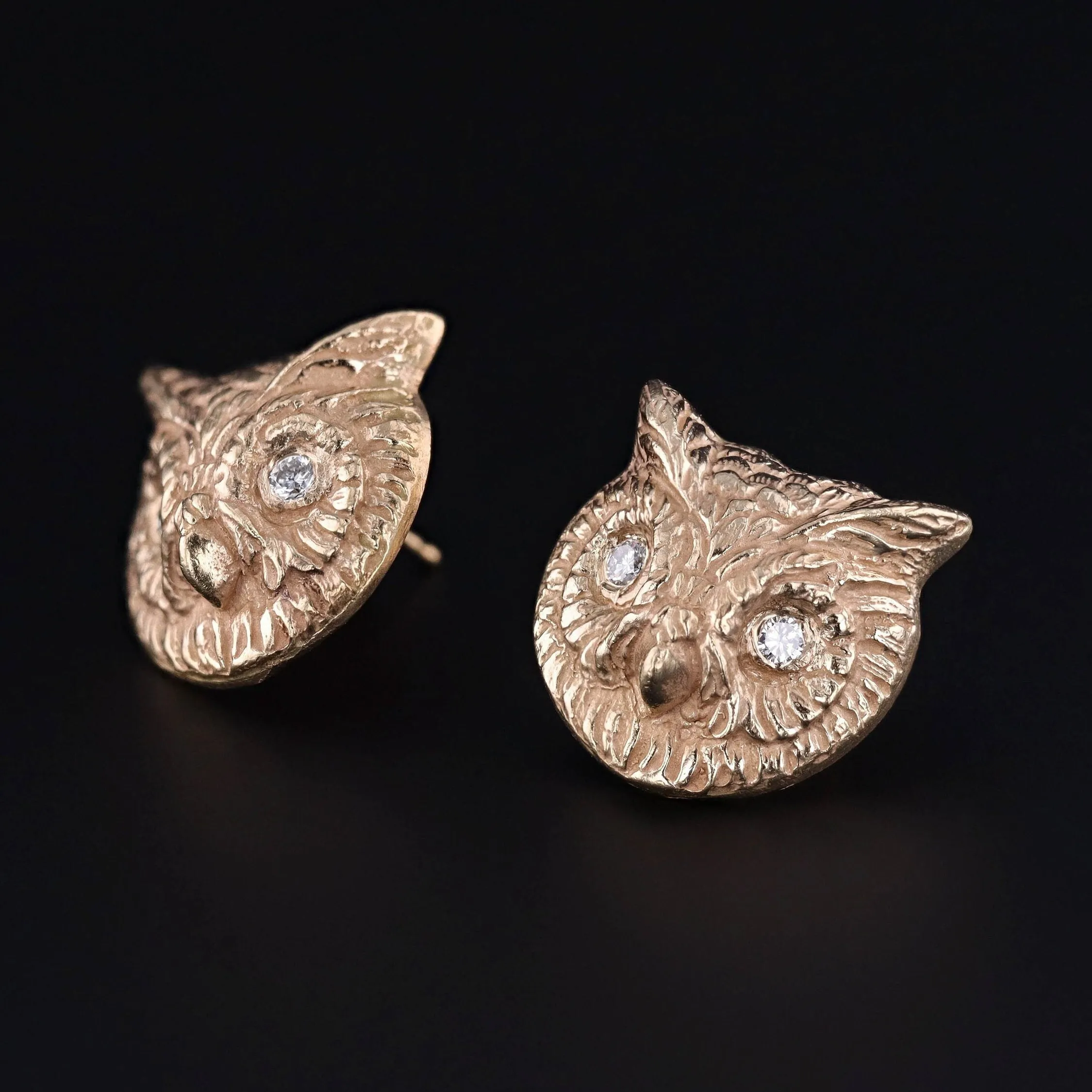 Vintage Diamond Owl Earrings of 14k Gold