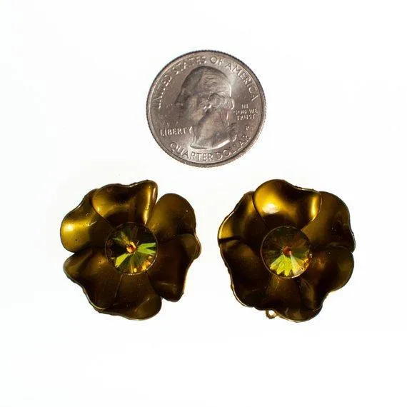 Vintage Gold Flower Earring with Yellow Heliotrope Iridescent Rhinestones