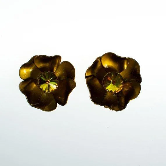 Vintage Gold Flower Earring with Yellow Heliotrope Iridescent Rhinestones