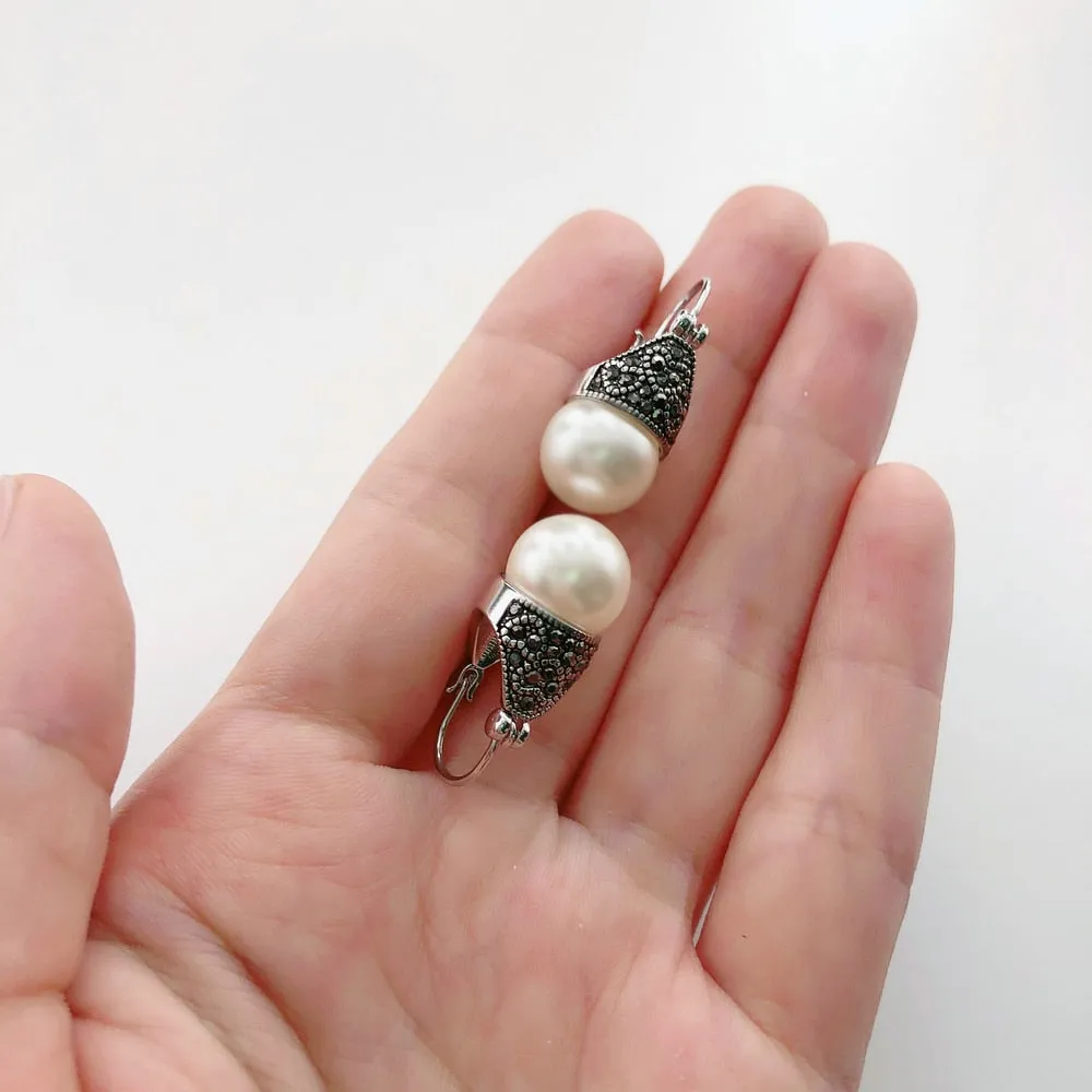 Vintage Hanging Pearl Drop Earrings For Women Retro Silver Jewelry