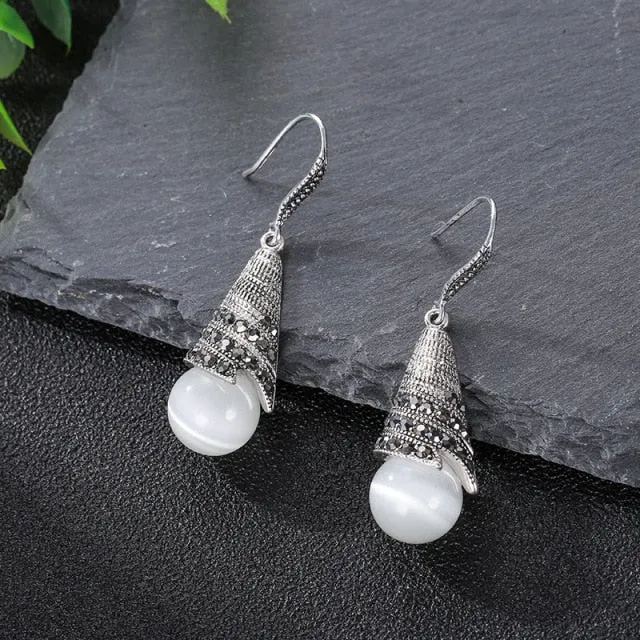 Vintage Hanging Pearl Drop Earrings For Women Retro Silver Jewelry