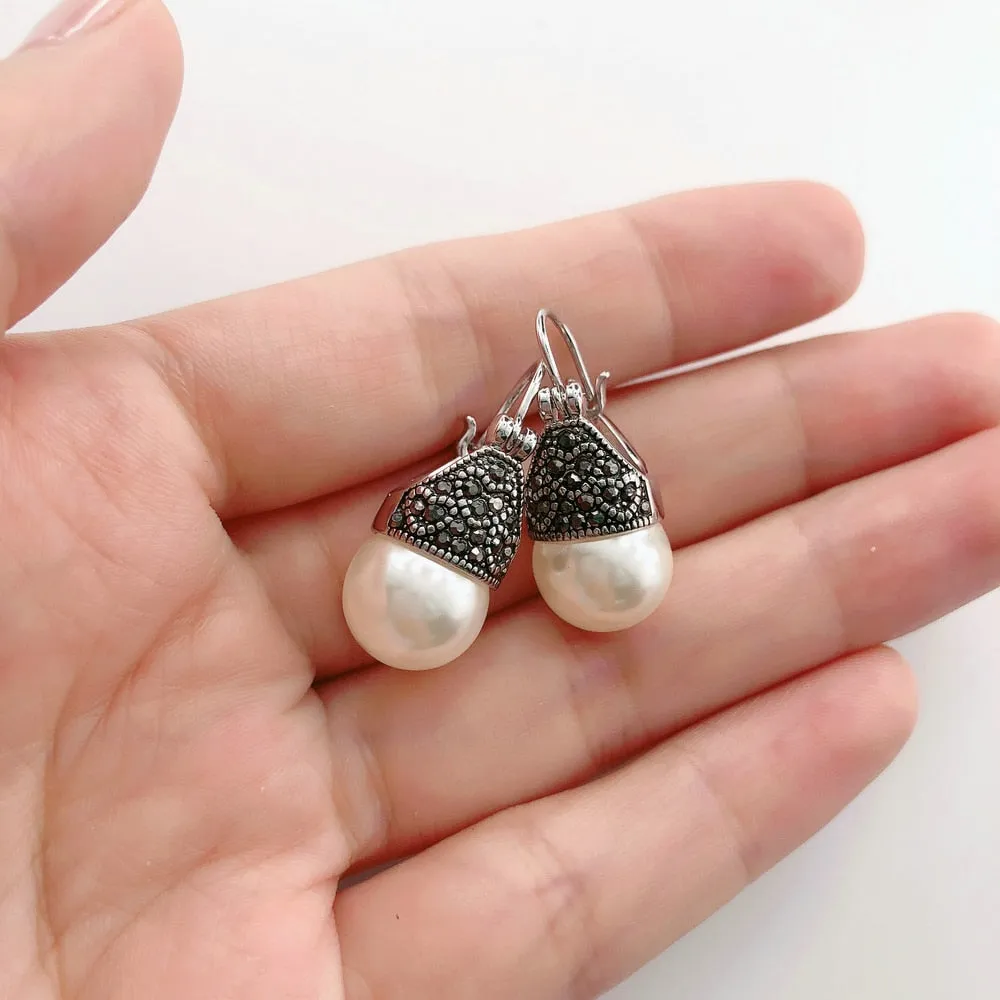 Vintage Hanging Pearl Drop Earrings For Women Retro Silver Jewelry