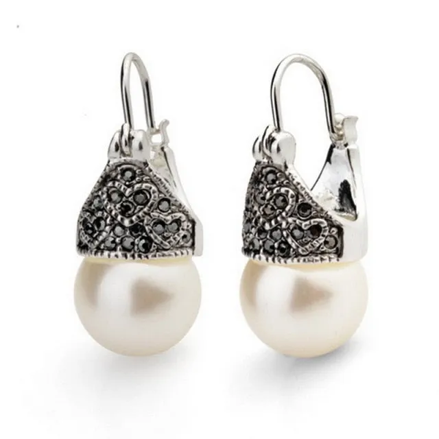 Vintage Hanging Pearl Drop Earrings For Women Retro Silver Jewelry