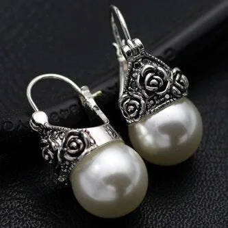 Vintage Hanging Pearl Drop Earrings For Women Retro Silver Jewelry
