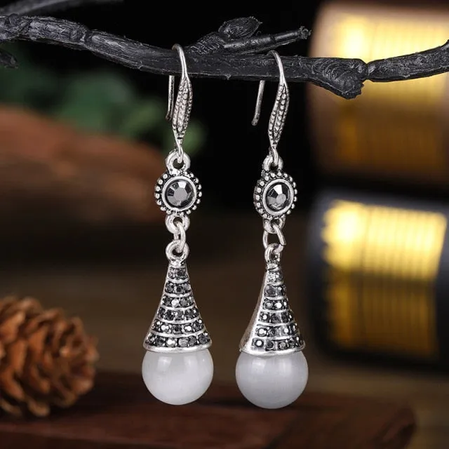 Vintage Hanging Pearl Drop Earrings For Women Retro Silver Jewelry