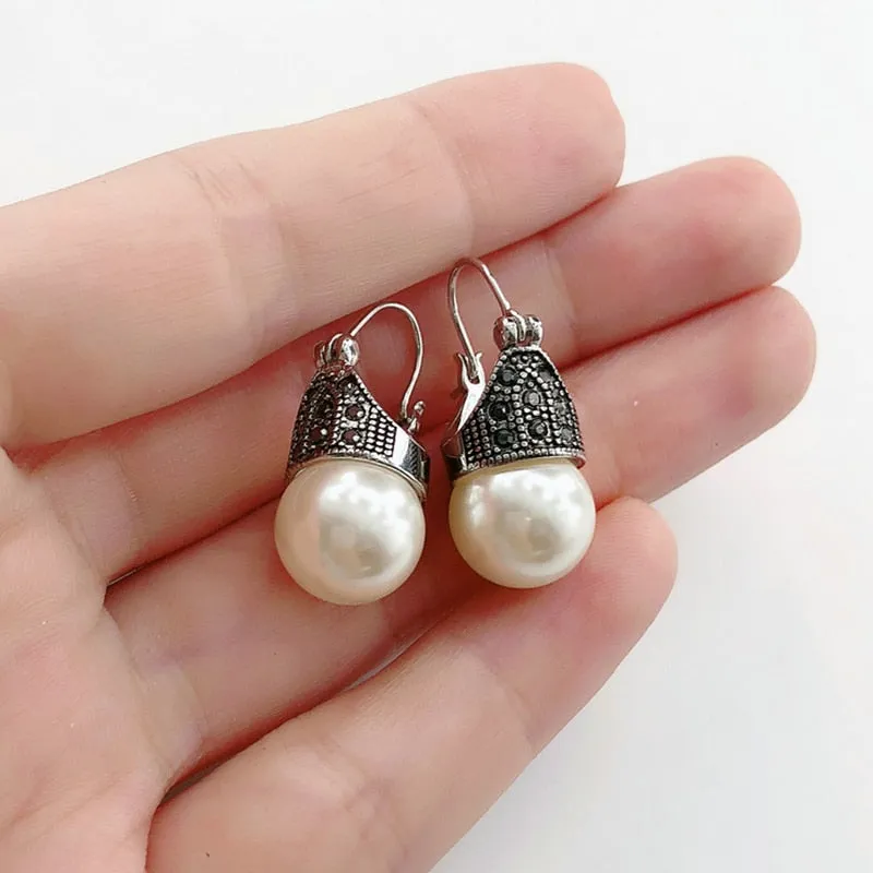 Vintage Hanging Pearl Drop Earrings For Women Retro Silver Jewelry