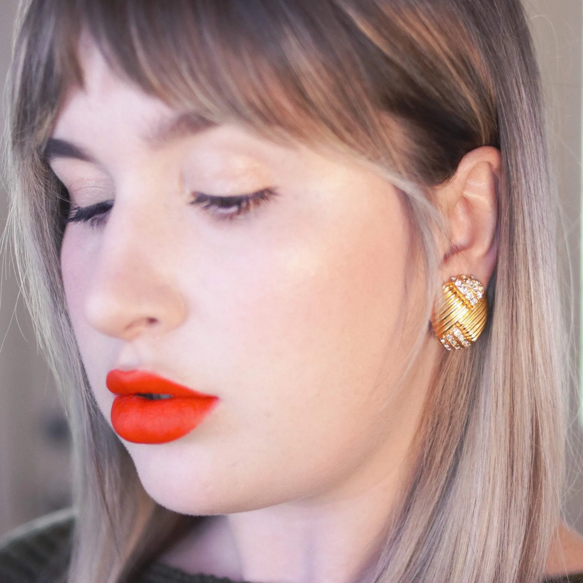 Vintage Joan Rivers  Gold Earrings Line Design with Pave Rhinestones