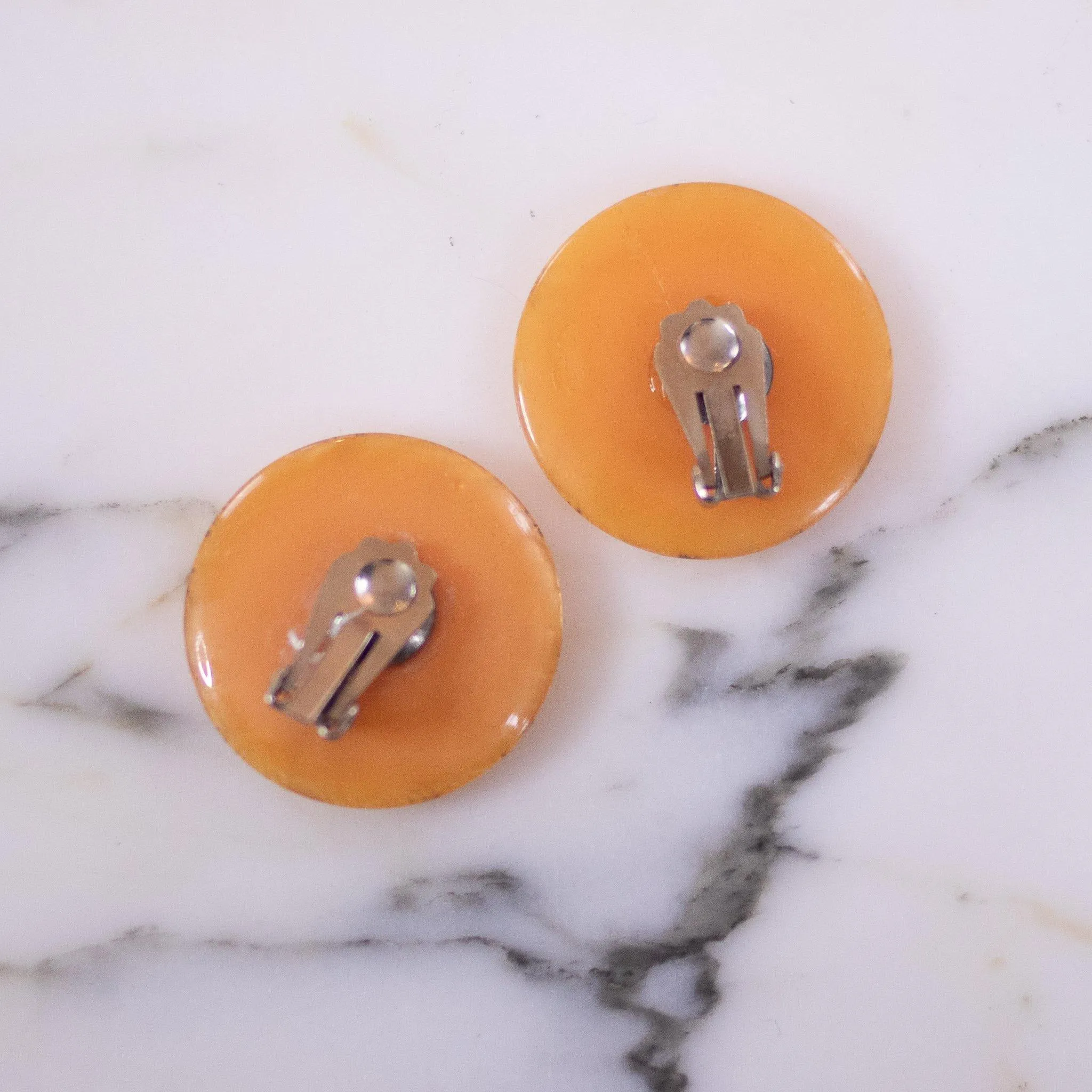 Vintage Peach Lucite Earrings with Silver and White Lace