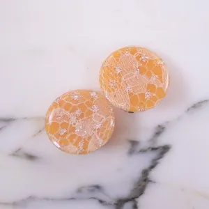Vintage Peach Lucite Earrings with Silver and White Lace