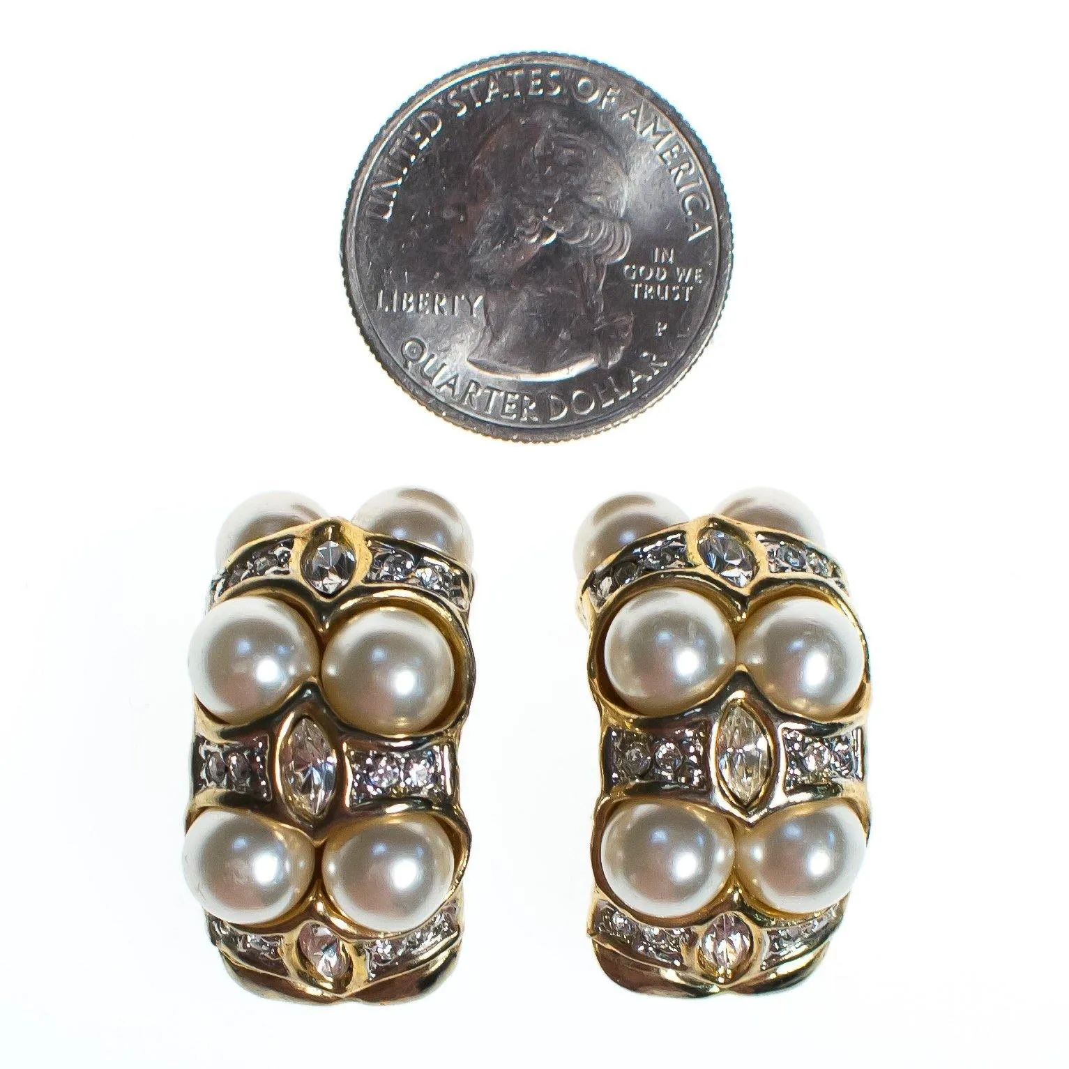 Vintage Pearl and Rhinestone Domed Hoop Earrings, Clip On