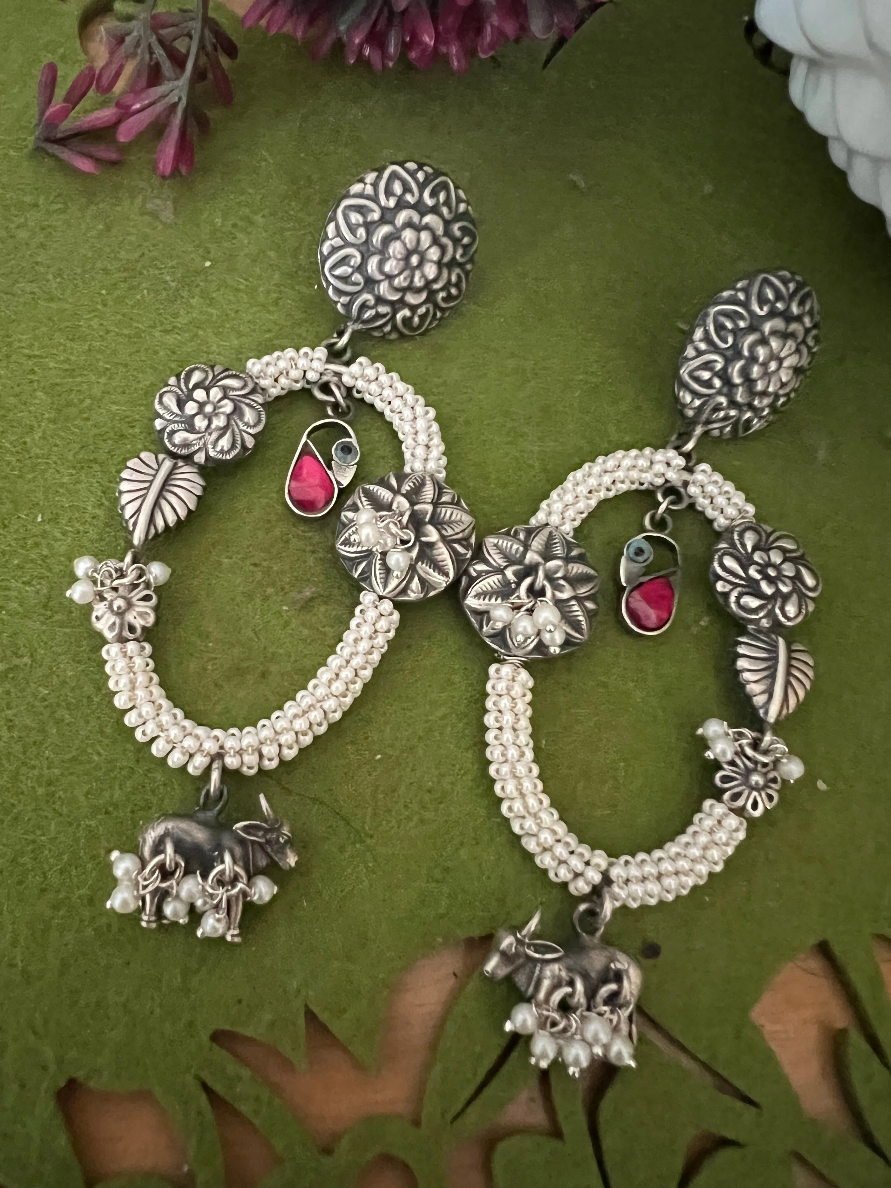 Vintage Pure 925 Silver Floral Earrings