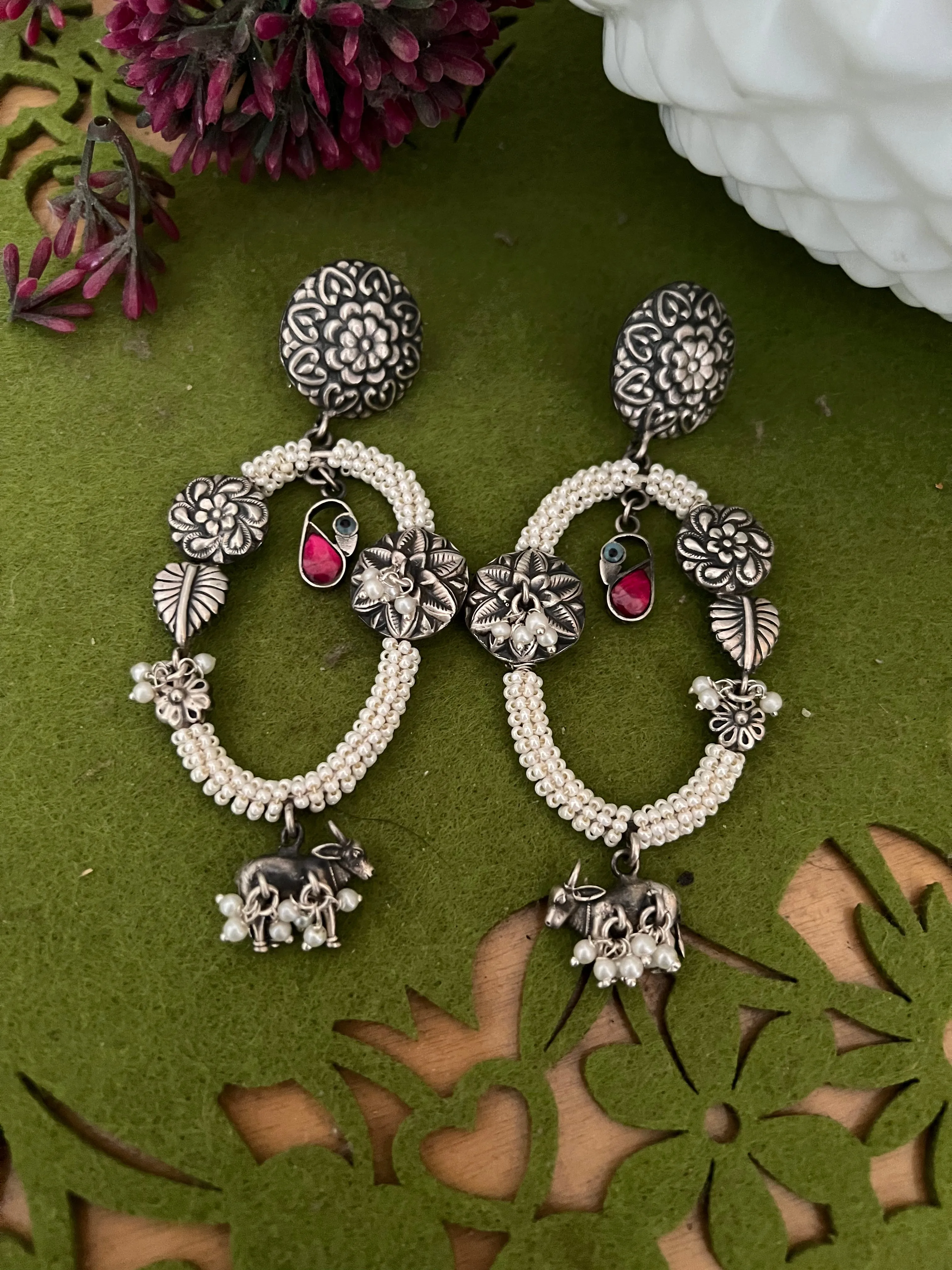 Vintage Pure 925 Silver Floral Earrings
