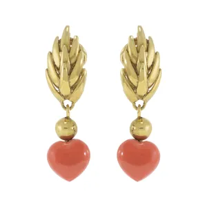Vintage Retro Era  18KT Yellow Gold Coral Heart Drop Earrings