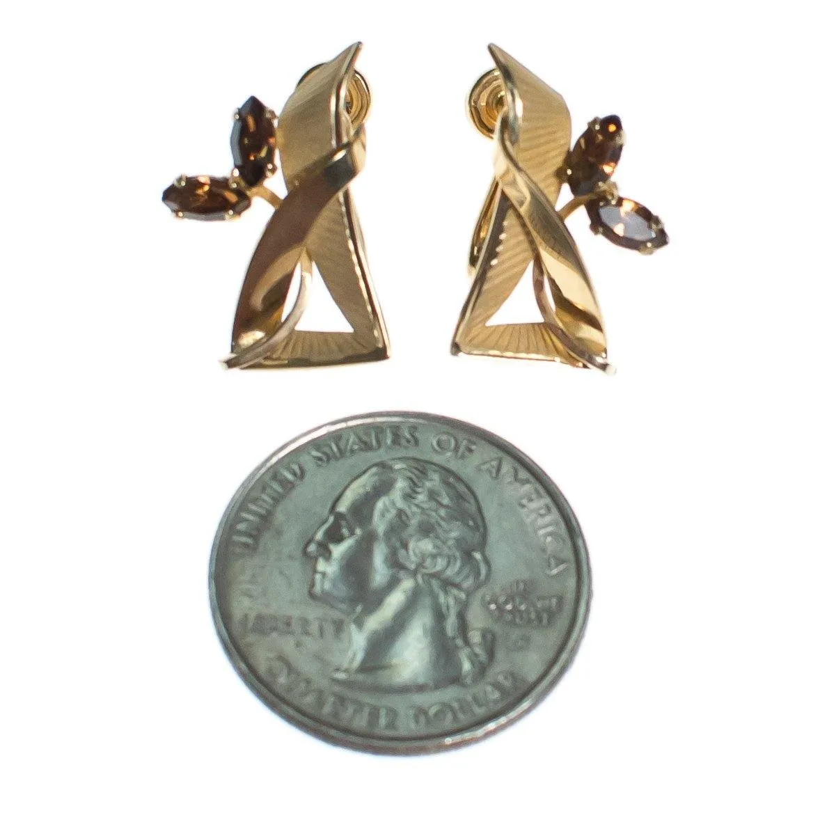 Vintage Retro Gold Filled Geometric Earrings with Smokey Topaz Gemstones