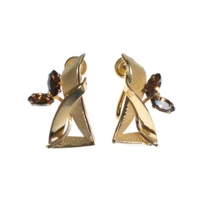 Vintage Retro Gold Filled Geometric Earrings with Smokey Topaz Gemstones