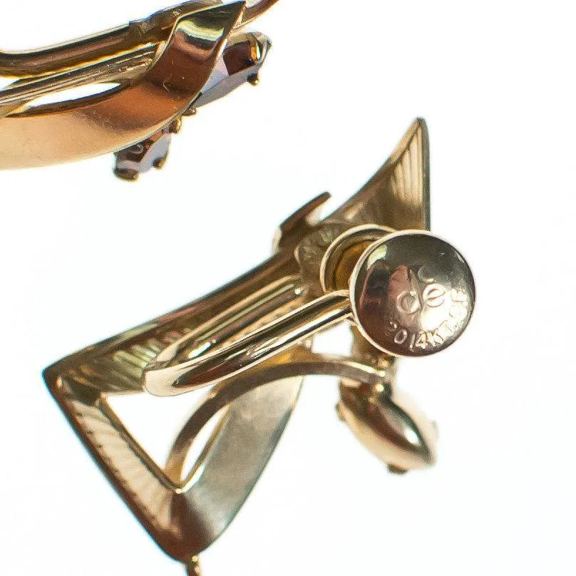 Vintage Retro Gold Filled Geometric Earrings with Smokey Topaz Gemstones