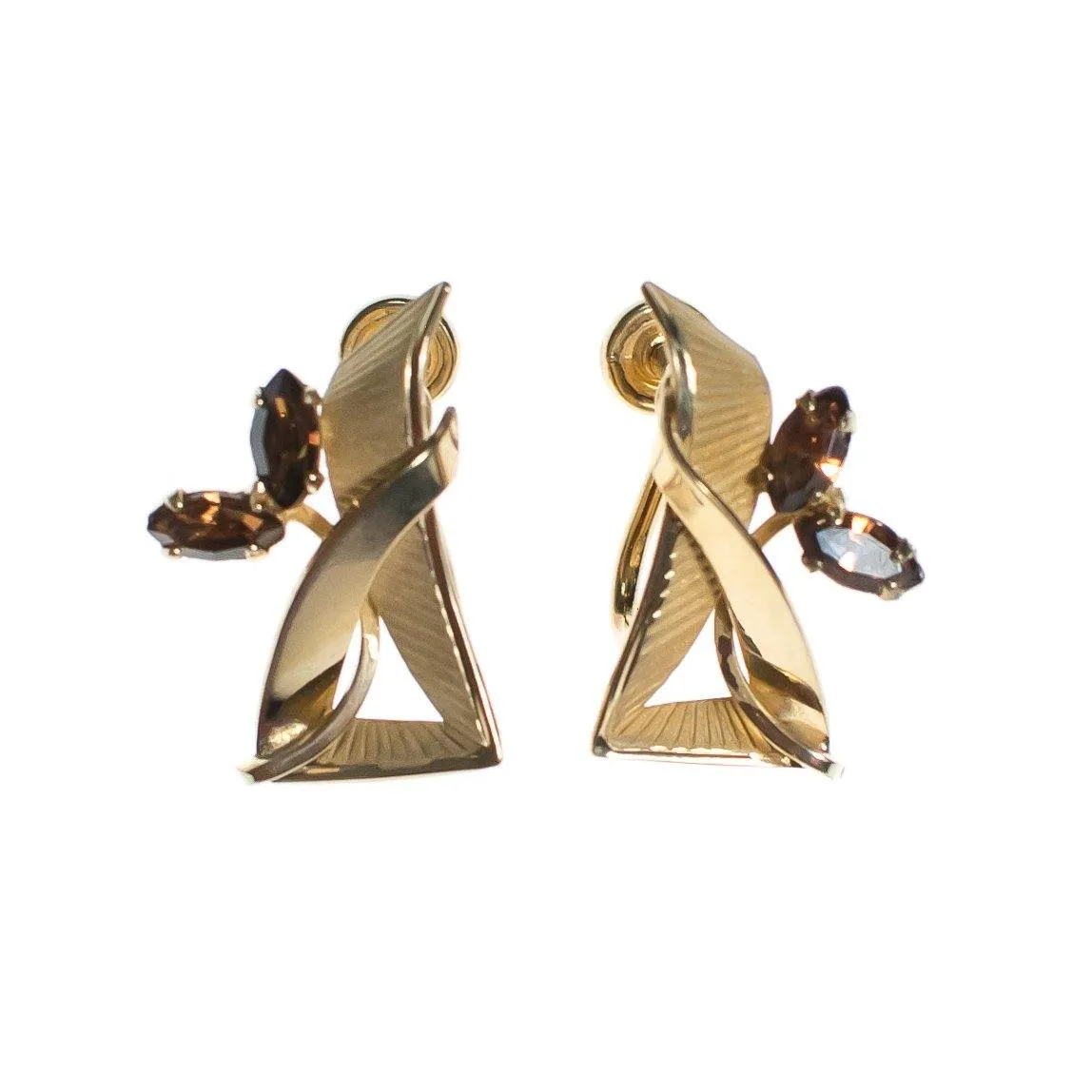 Vintage Retro Gold Filled Geometric Earrings with Smokey Topaz Gemstones