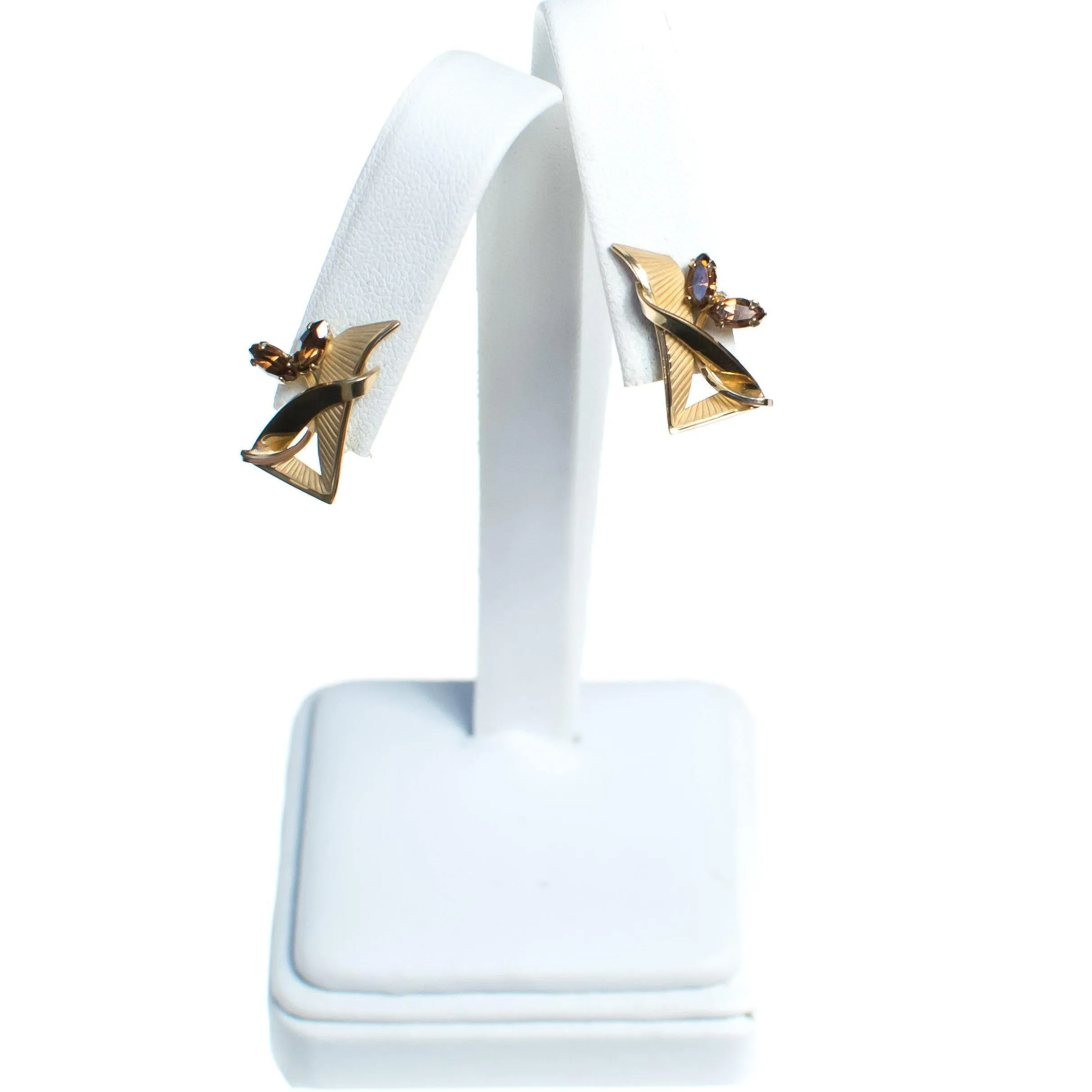 Vintage Retro Gold Filled Geometric Earrings with Smokey Topaz Gemstones