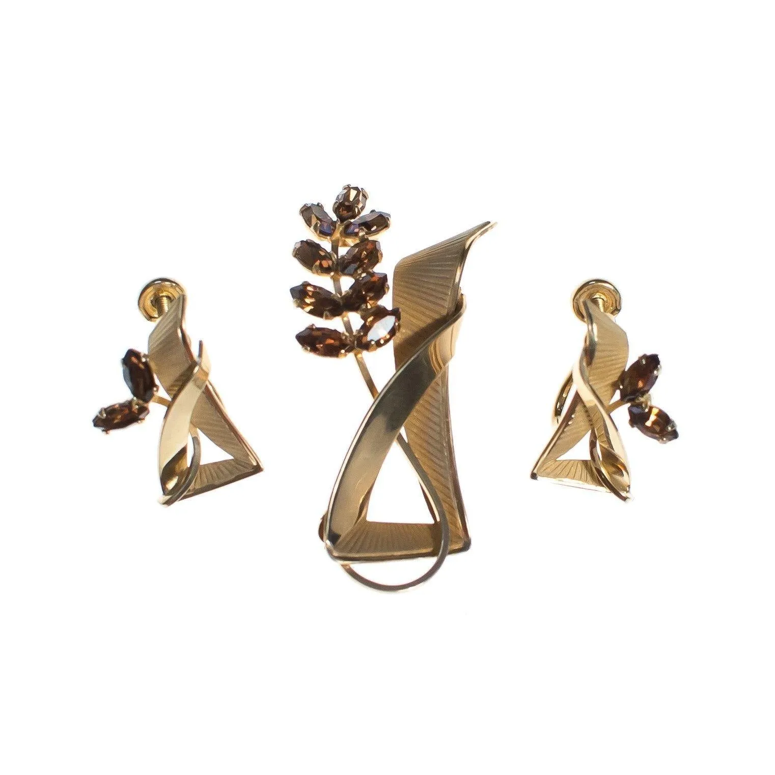 Vintage Retro Gold Filled Geometric Earrings with Smokey Topaz Gemstones