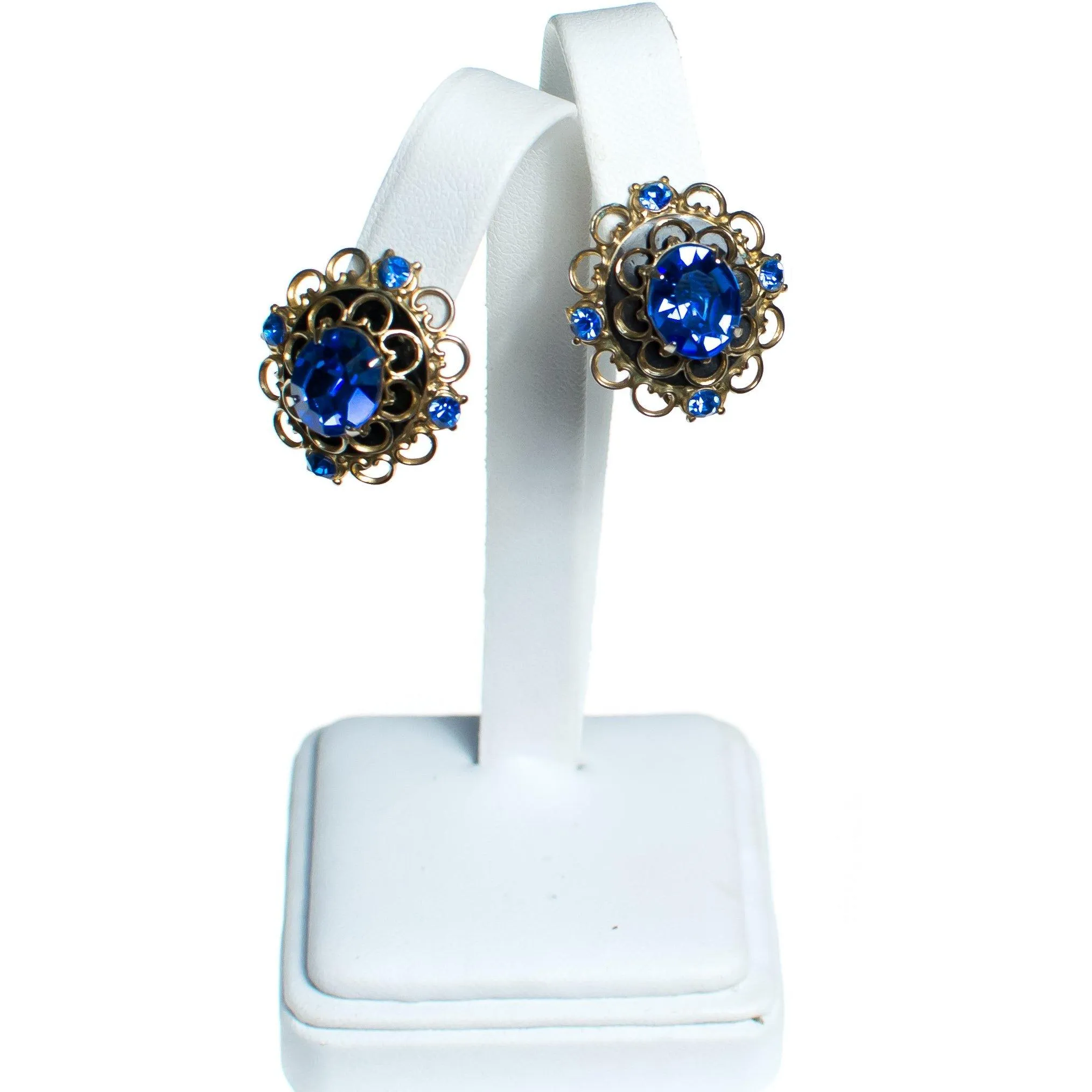 Vintage Sapphire Blue Rhinestones Statement Earrings, Silver Tone Setting, Clip-on Earrings
