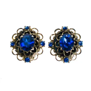 Vintage Sapphire Blue Rhinestones Statement Earrings, Silver Tone Setting, Clip-on Earrings