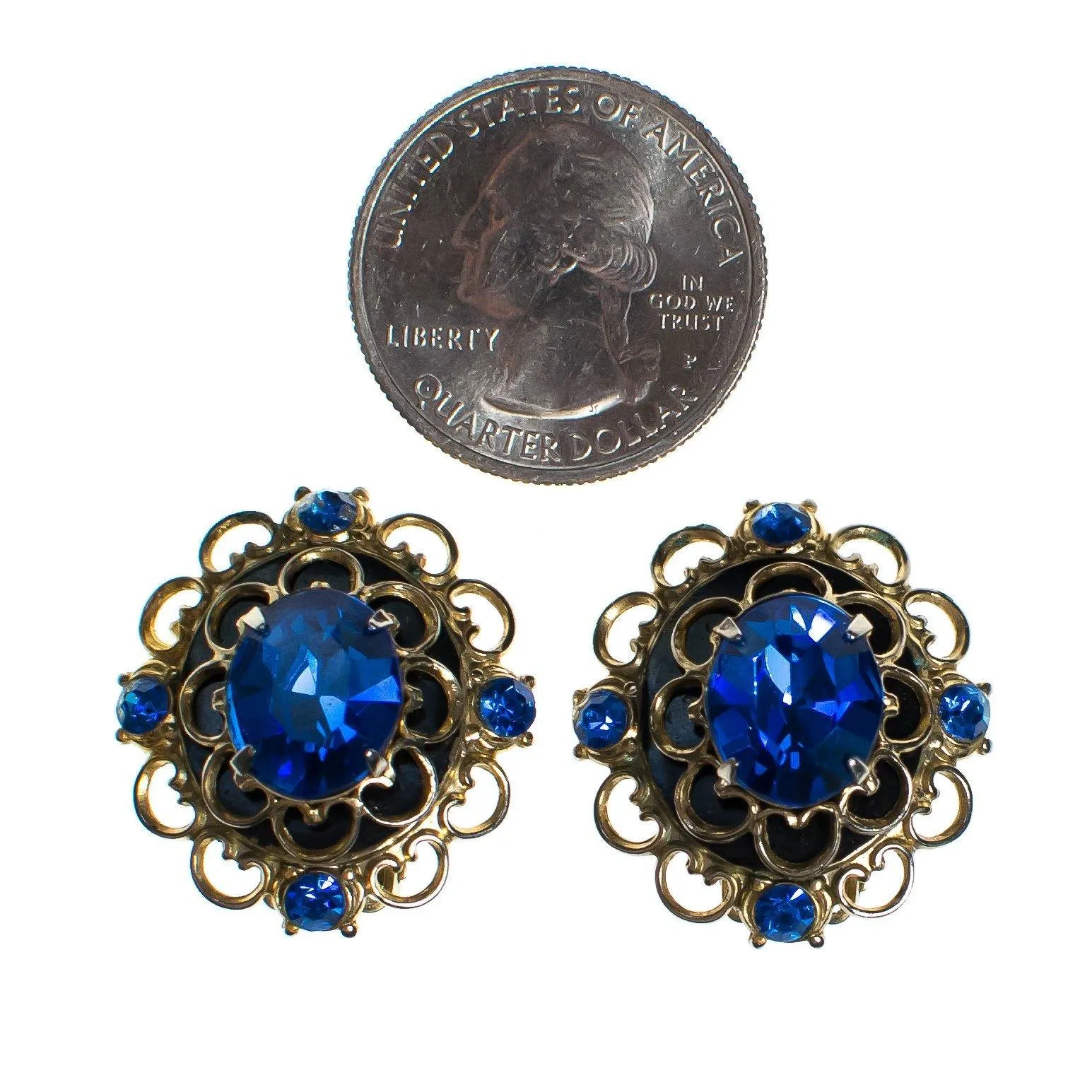 Vintage Sapphire Blue Rhinestones Statement Earrings, Silver Tone Setting, Clip-on Earrings