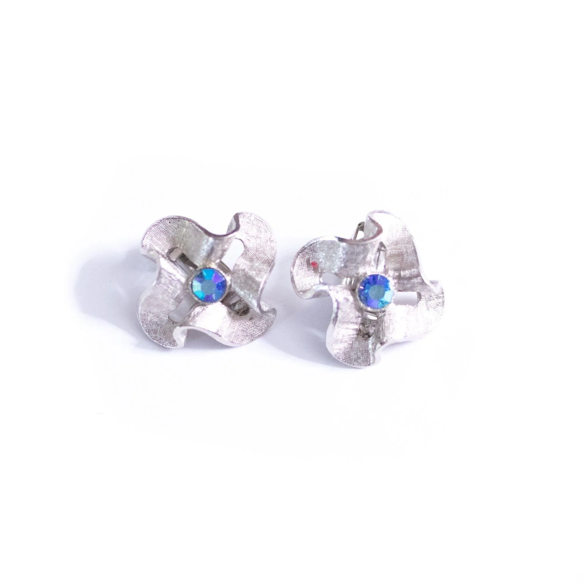 Vintage Silver Crinkle Earrings with Blue Aurora Rhinestones