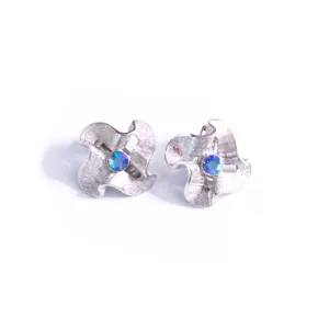 Vintage Silver Crinkle Earrings with Blue Aurora Rhinestones