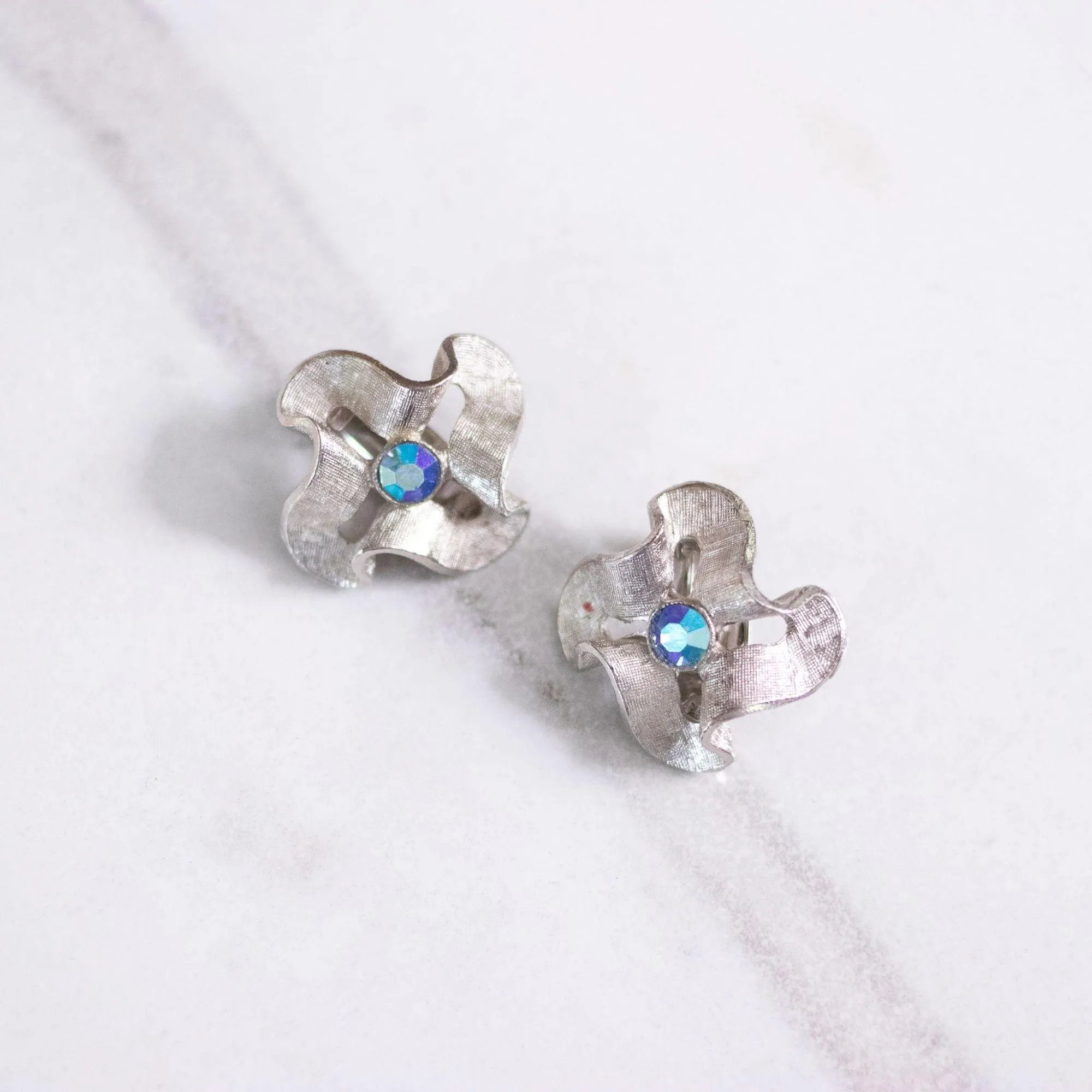 Vintage Silver Crinkle Earrings with Blue Aurora Rhinestones