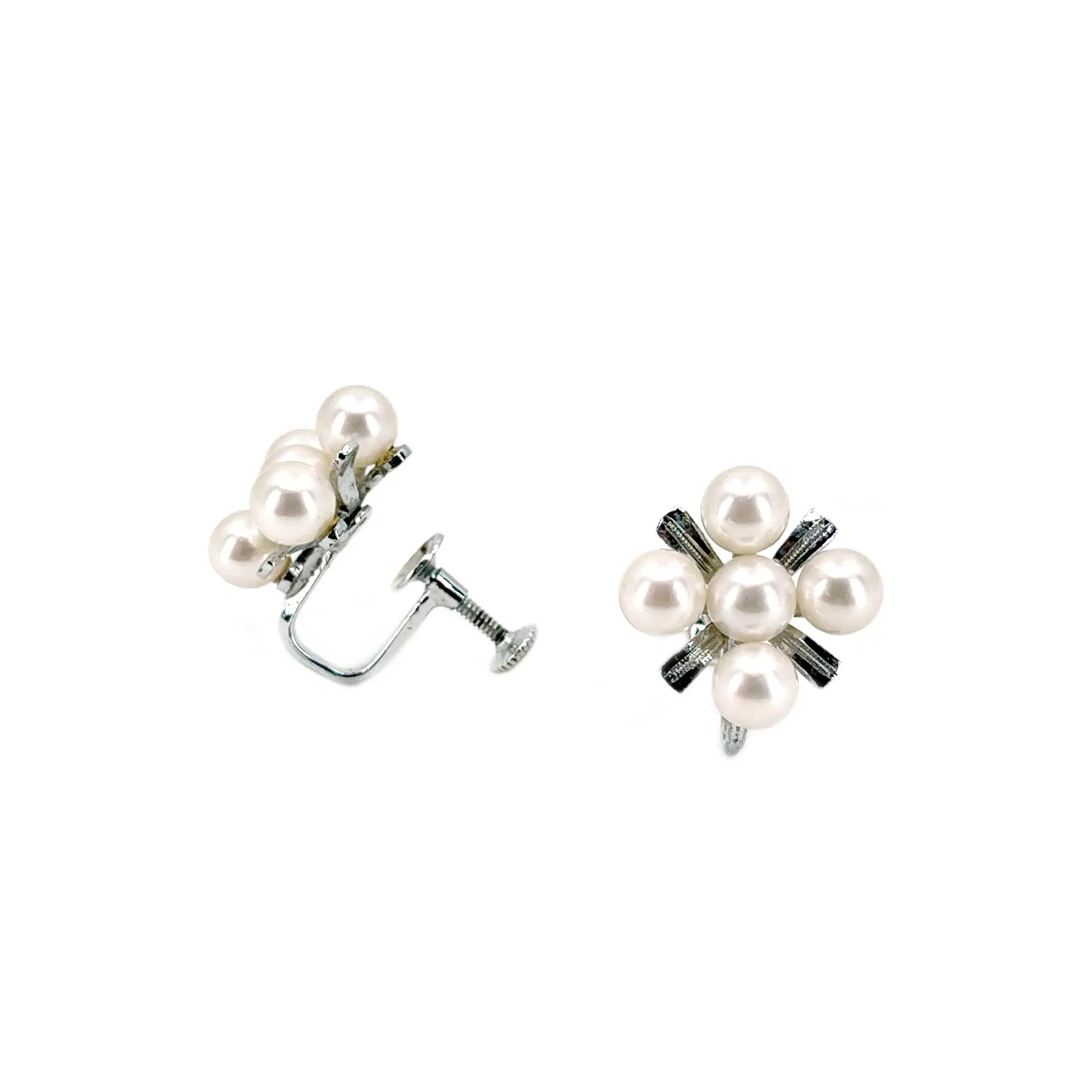 Vintage X Shaped Cluster Akoya Saltwater Cultured Pearl Screwback Earrings- Sterling Silver